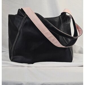 VTG Mary Kay Black Pebbled Faux Leather Tote Bag Pink Contrast Strap Stitching